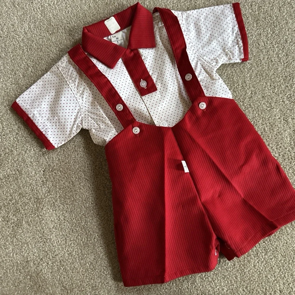 Boys Christmas 1T Short Set 12 Months NOS JCPenney Red & White Shorts Suspenders